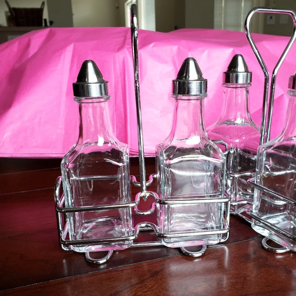 2 Sets, Oil & Vinegar Bottles w/ Metal Caddy & Oil & Vinegar Glass Shakers - Picture 4 of 11